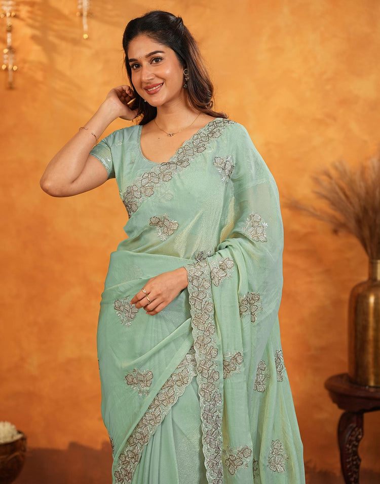 Light Mint Green Shimmer Silk Stone Work Embroidery Saree