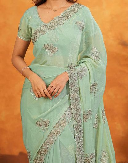 Light Mint Green Shimmer Silk Stone Work Embroidery Saree