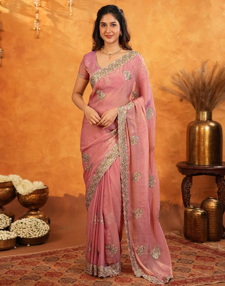 Coral Pink Shimmer Silk Stone Work Embroidery Saree