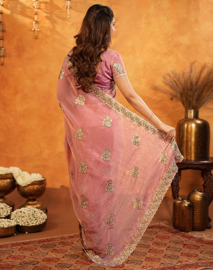 Coral Pink Shimmer Silk Stone Work Embroidery Saree