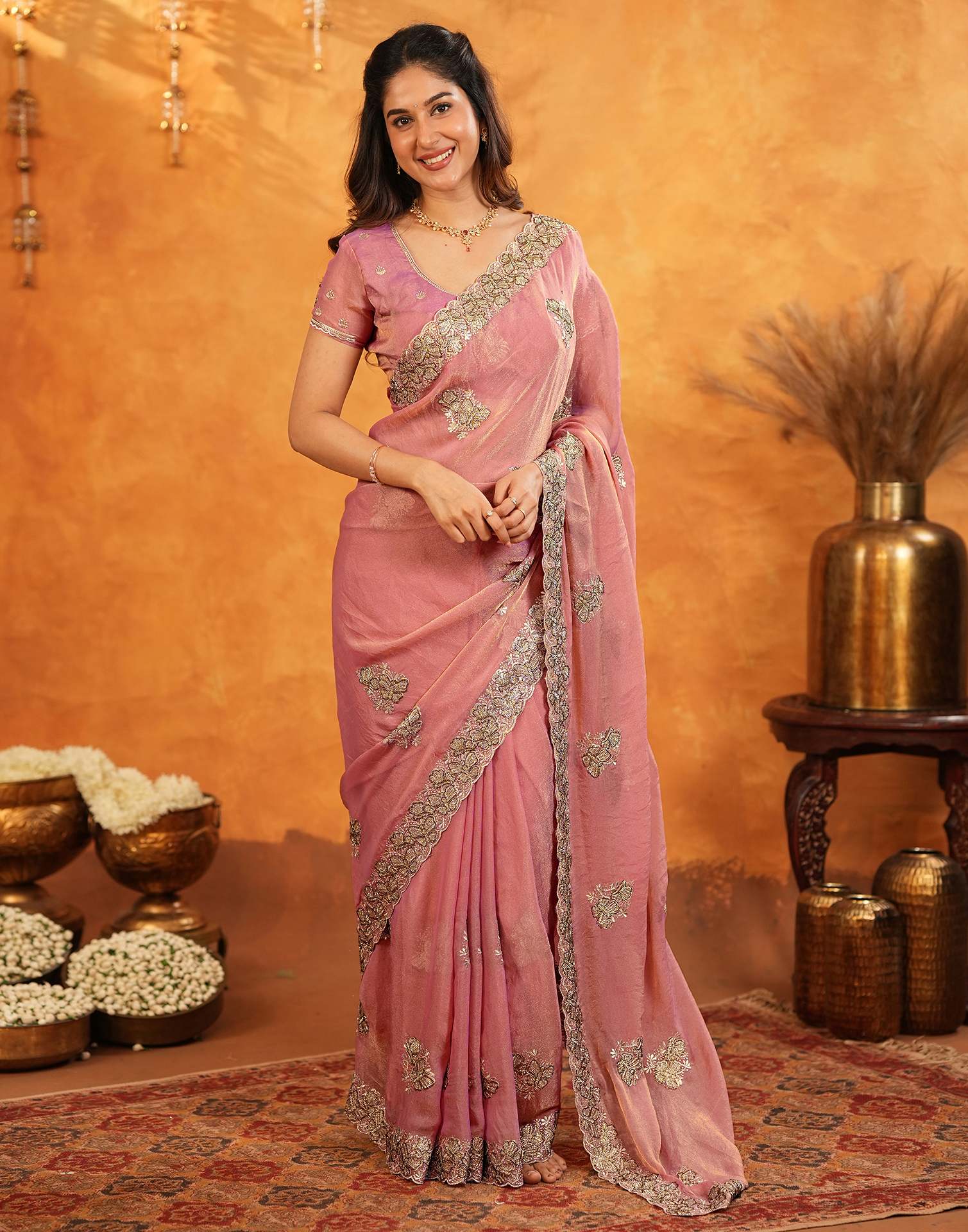 Coral Pink Shimmer Silk Stone Work Embroidery Saree