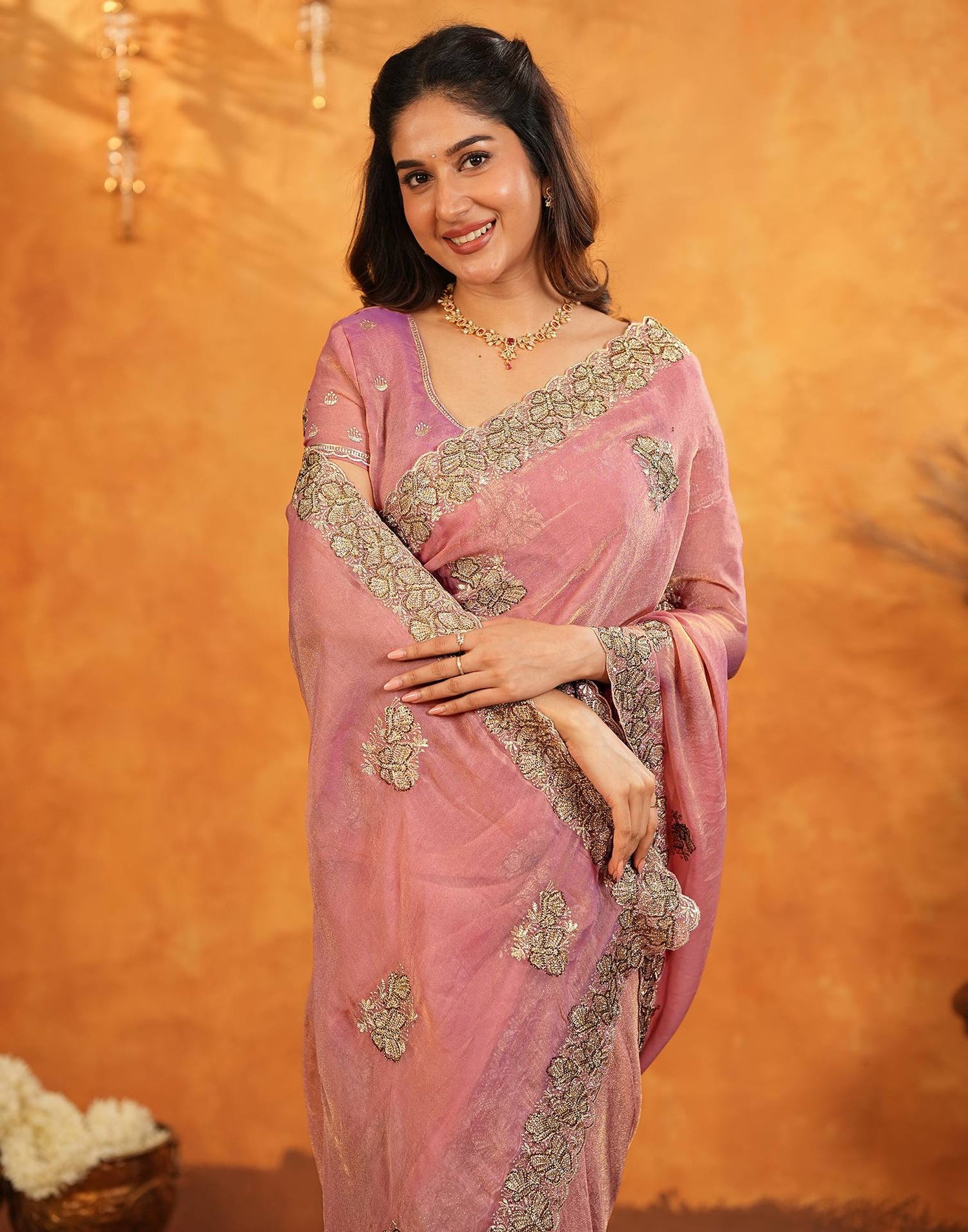 Coral Pink Shimmer Silk Stone Work Embroidery Saree