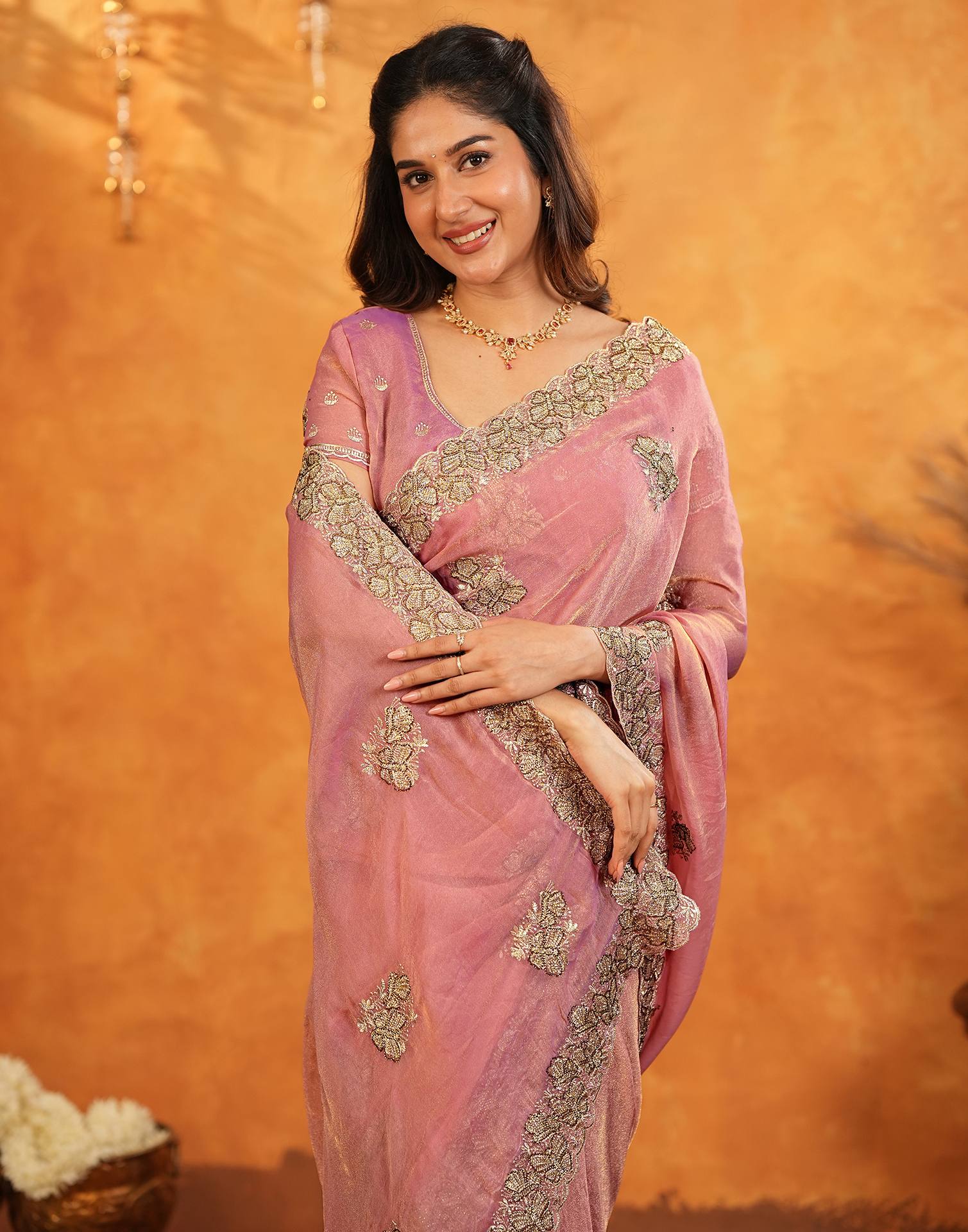 Coral Pink Shimmer Silk Stone Work Embroidery Saree