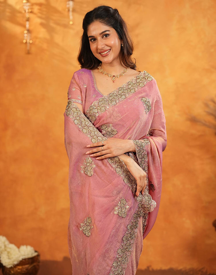 Coral Pink Shimmer Silk Stone Work Embroidery Saree