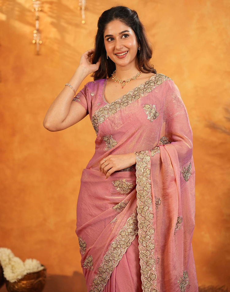 Coral Pink Shimmer Silk Stone Work Embroidery Saree