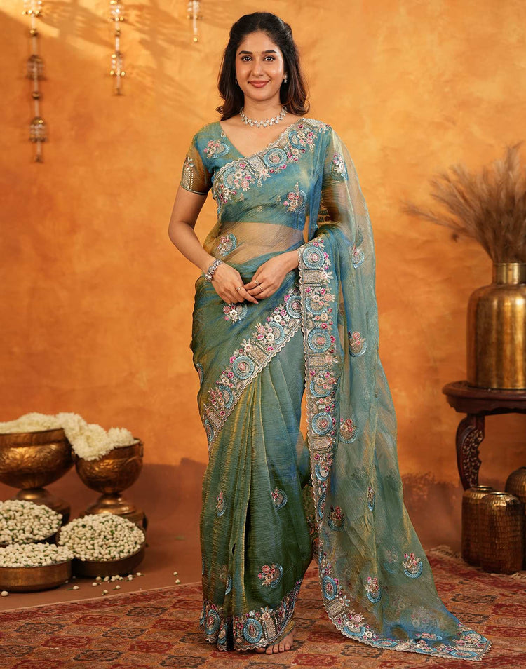Dusty Turquoise Blue Crush Tissue Stone Work Embroidery Saree