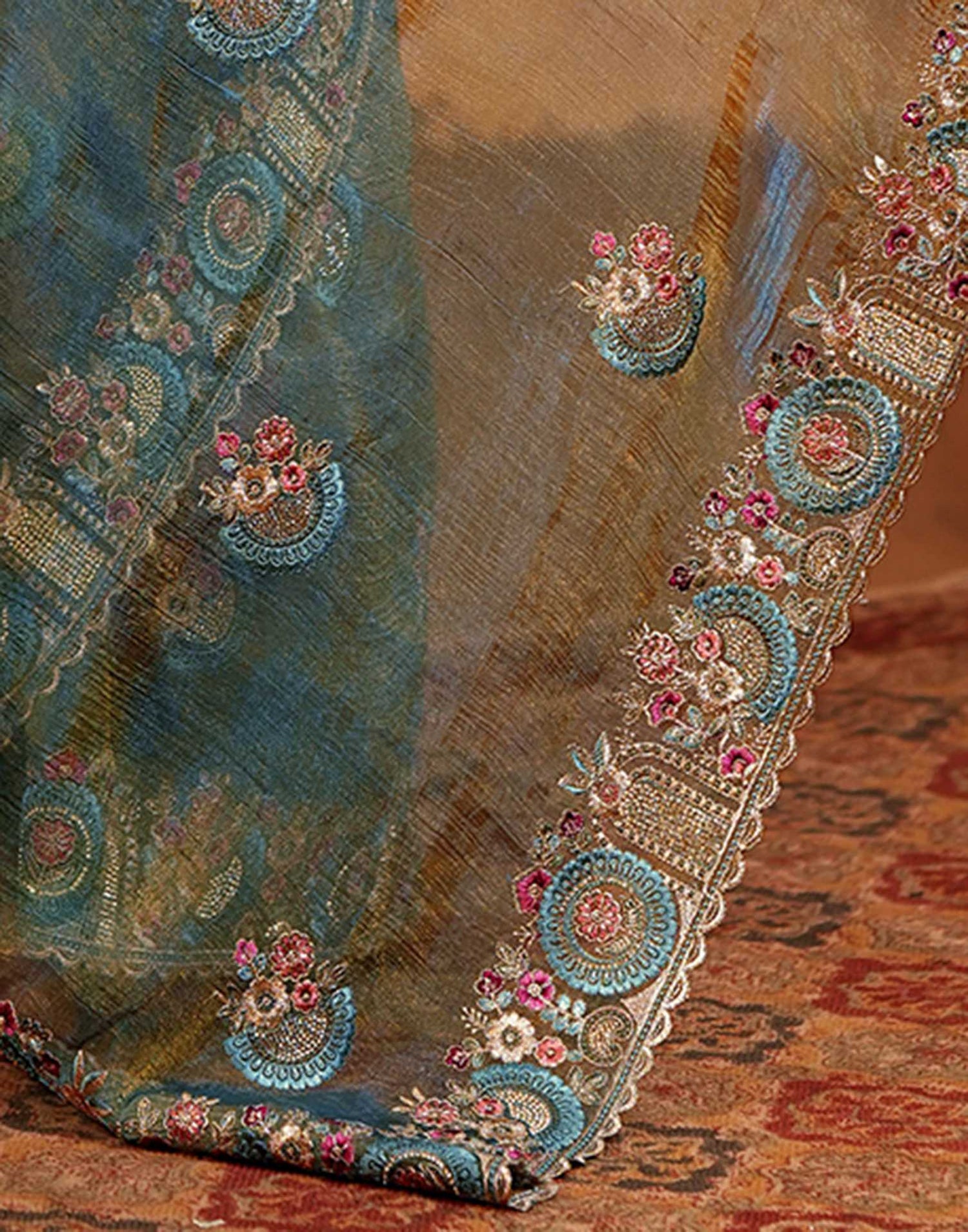 Dusty Turquoise Blue Crush Tissue Stone Work Embroidery Saree