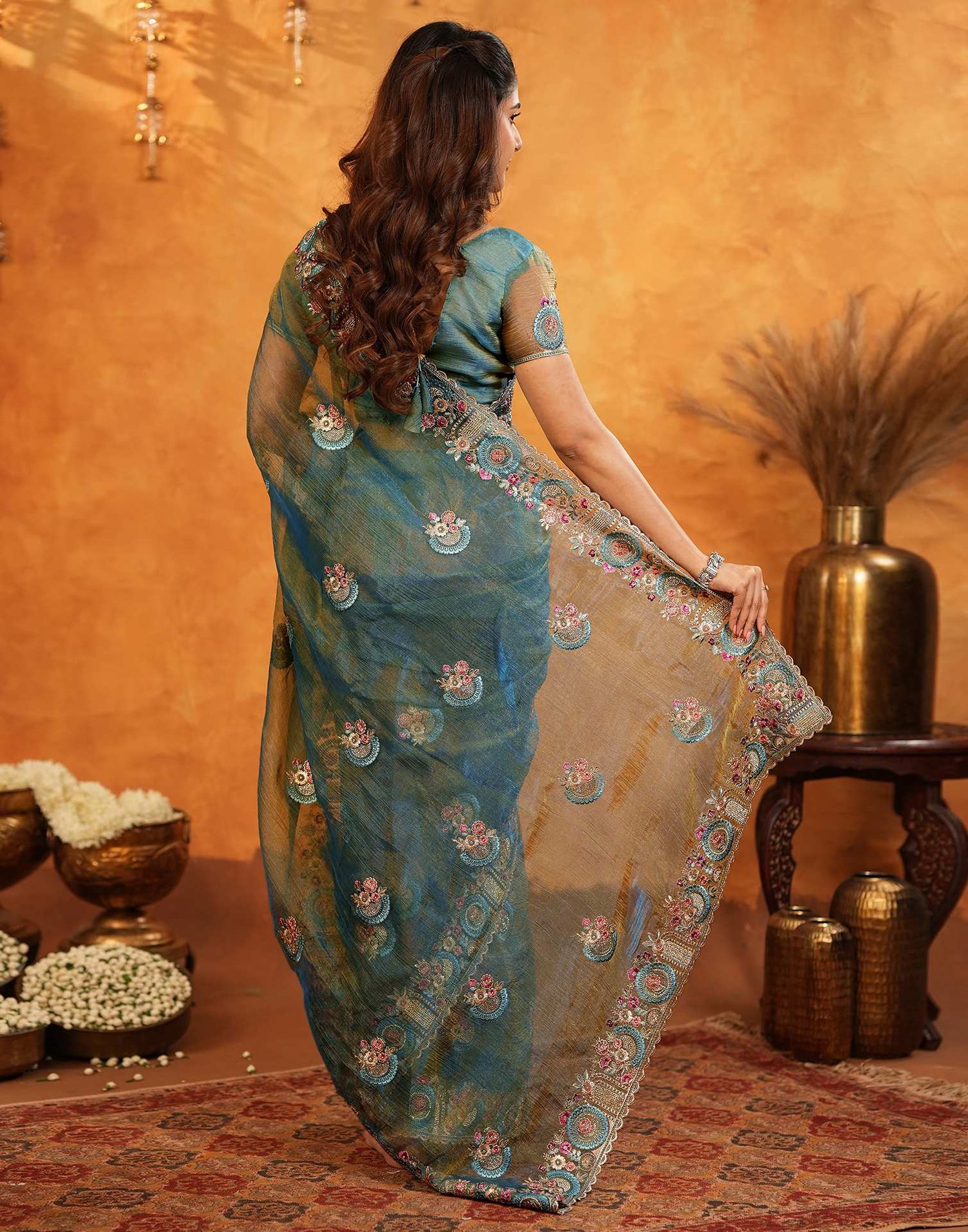 Dusty Turquoise Blue Crush Tissue Stone Work Embroidery Saree