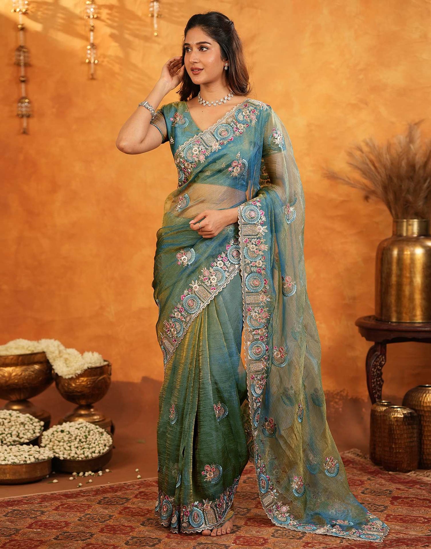 Dusty Turquoise Blue Crush Tissue Stone Work Embroidery Saree