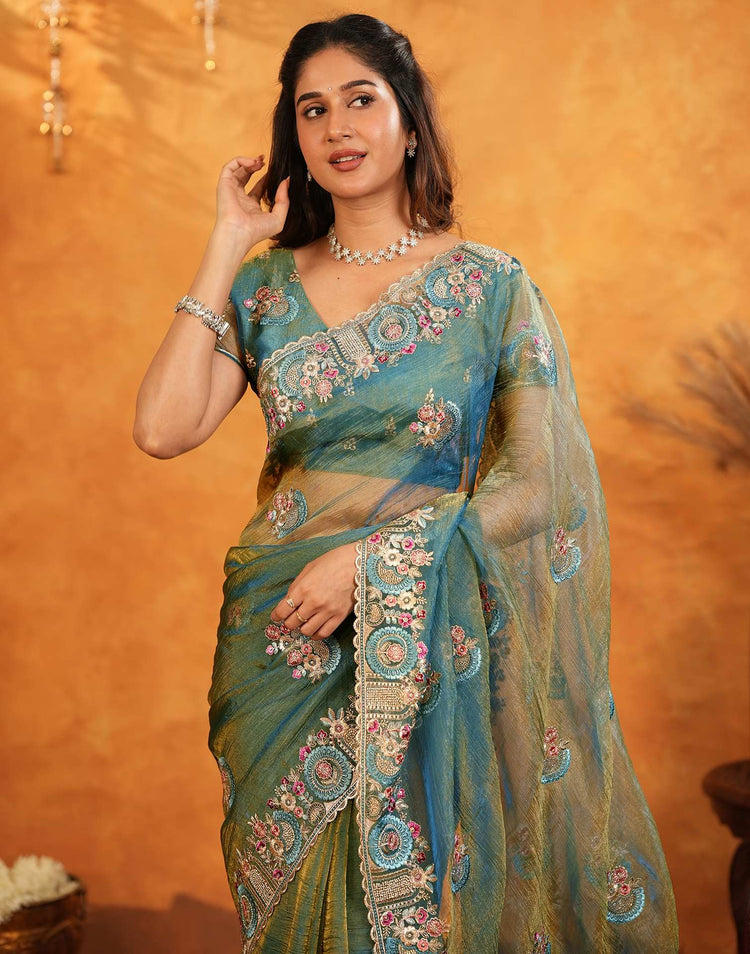 Dusty Turquoise Blue Crush Tissue Stone Work Embroidery Saree