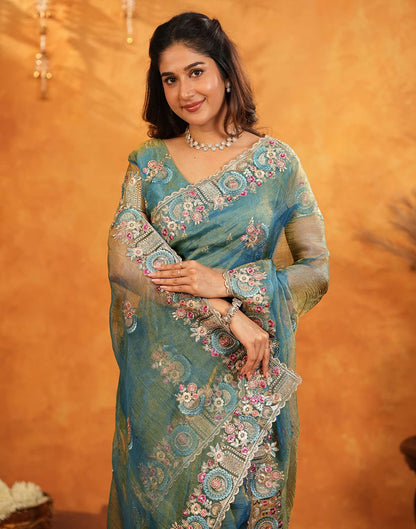 Dusty Turquoise Blue Crush Tissue Stone Work Embroidery Saree