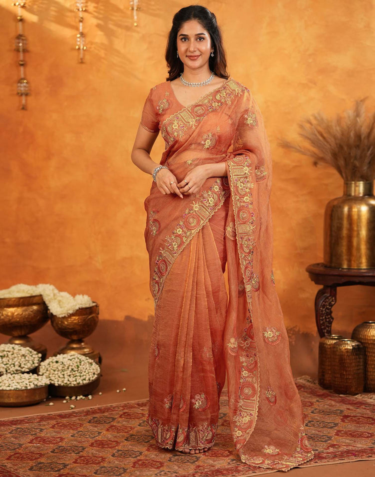 Orange Crush Tissue Stone Work Embroidery Saree