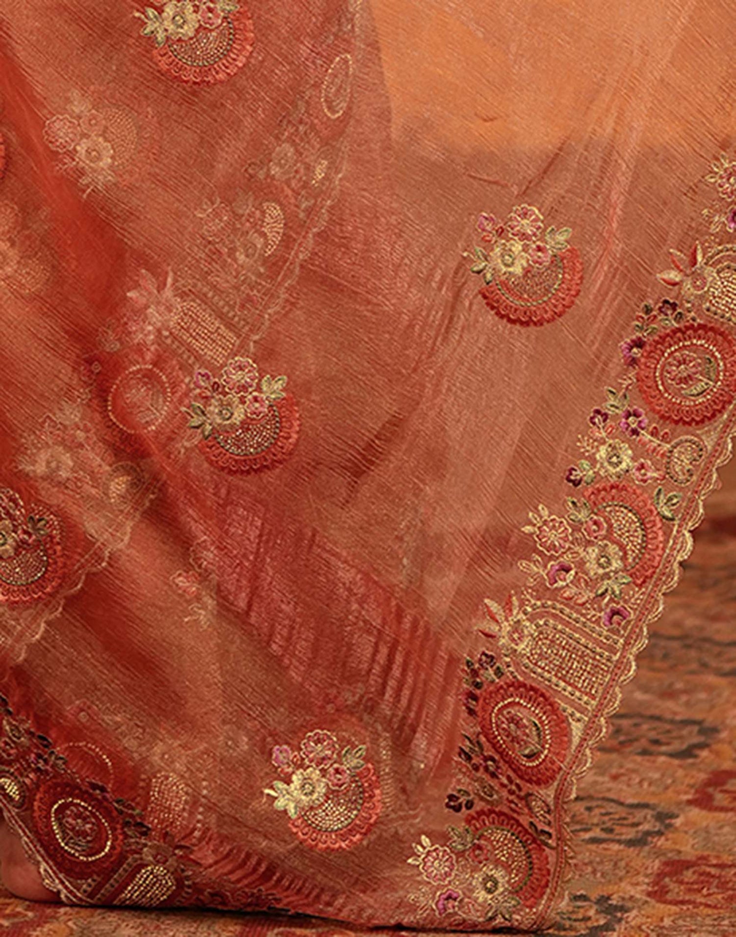 Orange Crush Tissue Stone Work Embroidery Saree