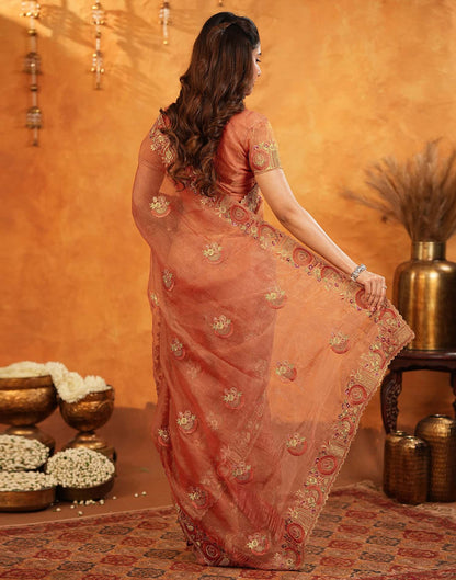 Orange Crush Tissue Stone Work Embroidery Saree
