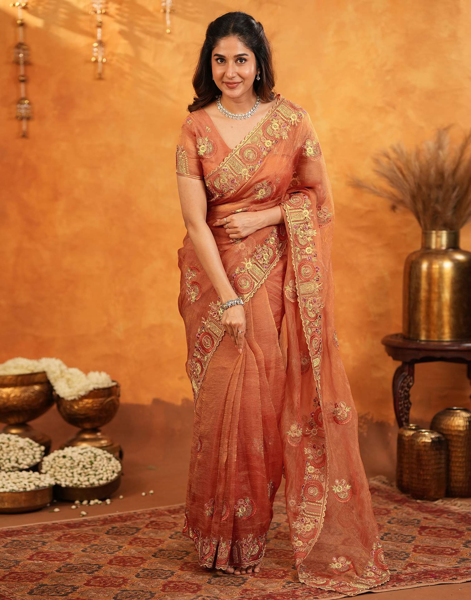 Orange Crush Tissue Stone Work Embroidery Saree