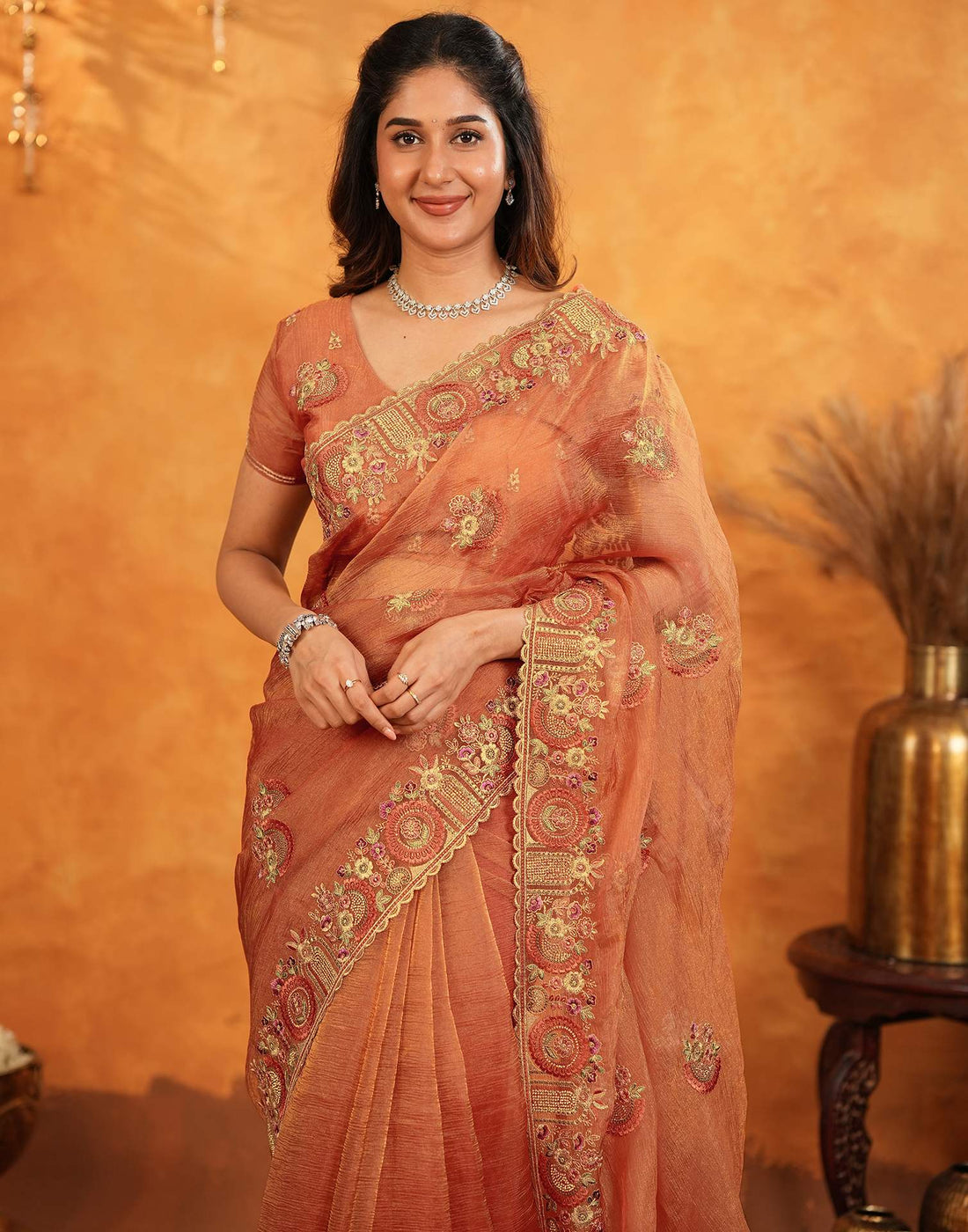 Orange Crush Tissue Stone Work Embroidery Saree
