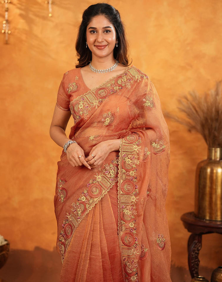 Orange Crush Tissue Stone Work Embroidery Saree