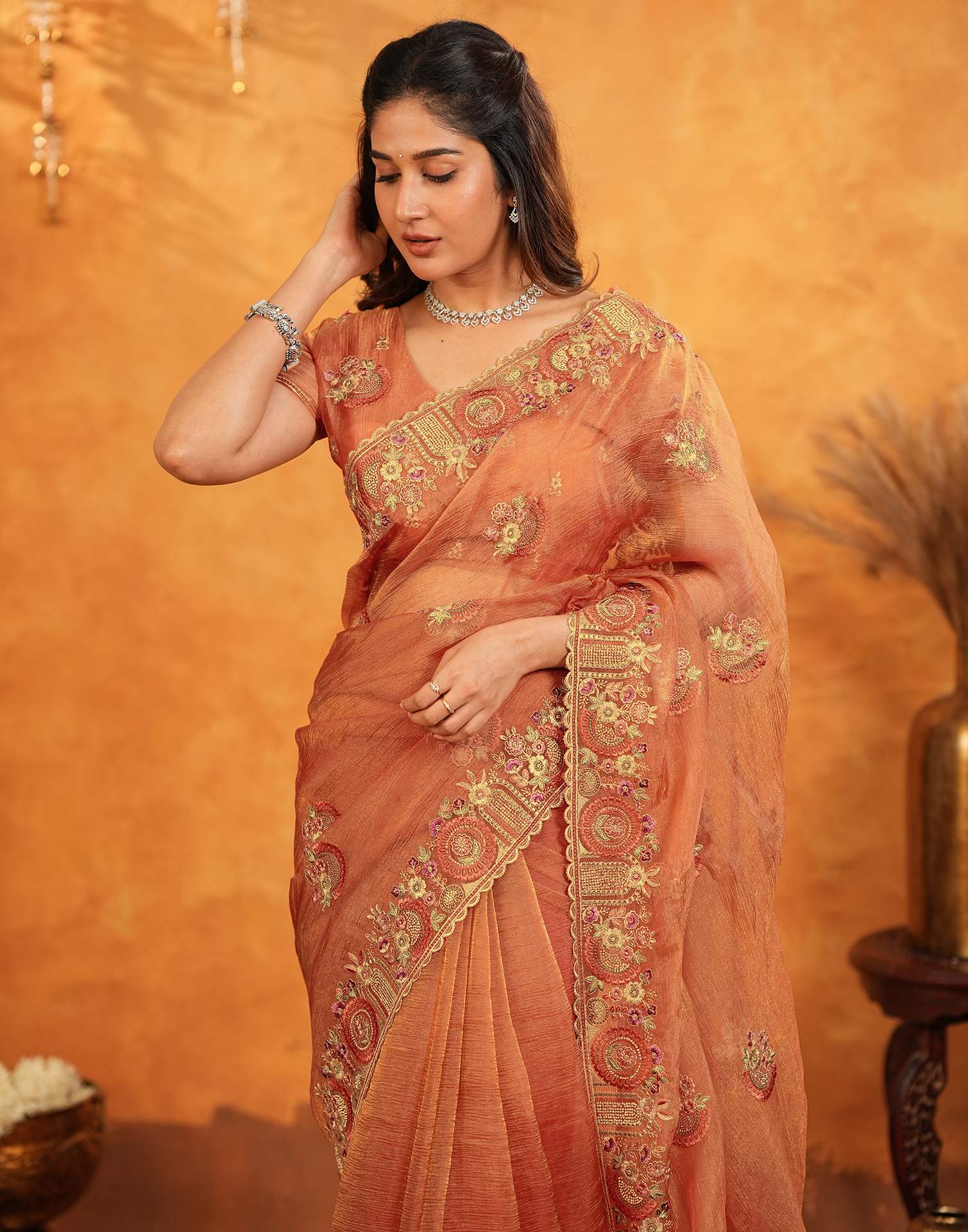 Orange Crush Tissue Stone Work Embroidery Saree