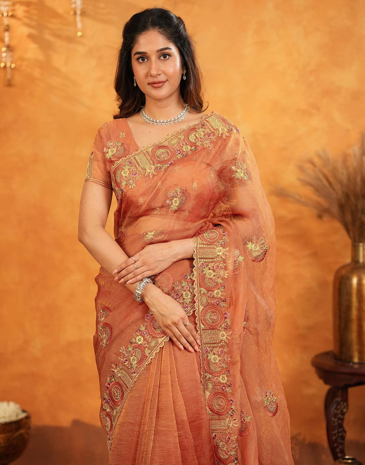 Orange Crush Tissue Stone Work Embroidery Saree