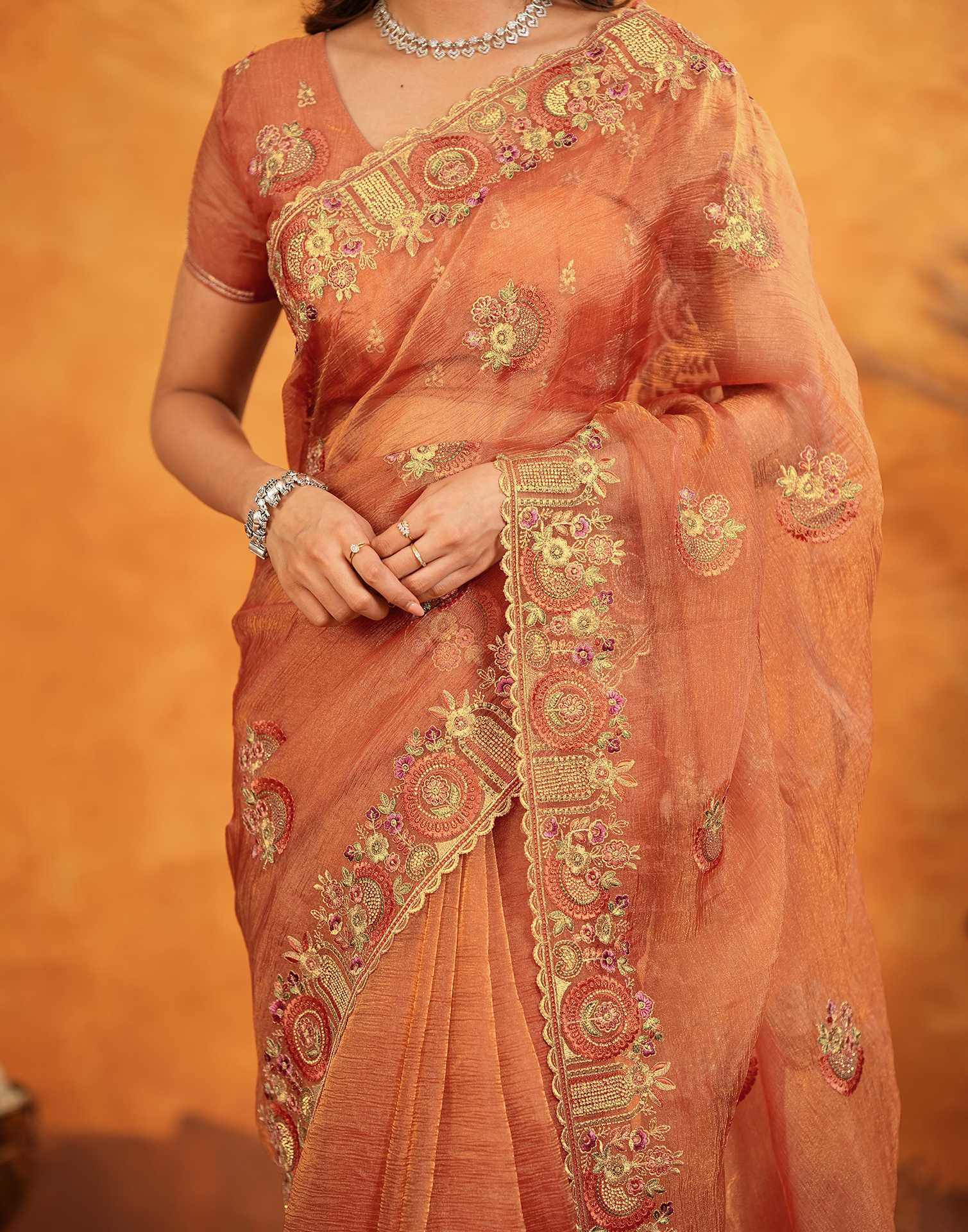 Orange Crush Tissue Stone Work Embroidery Saree