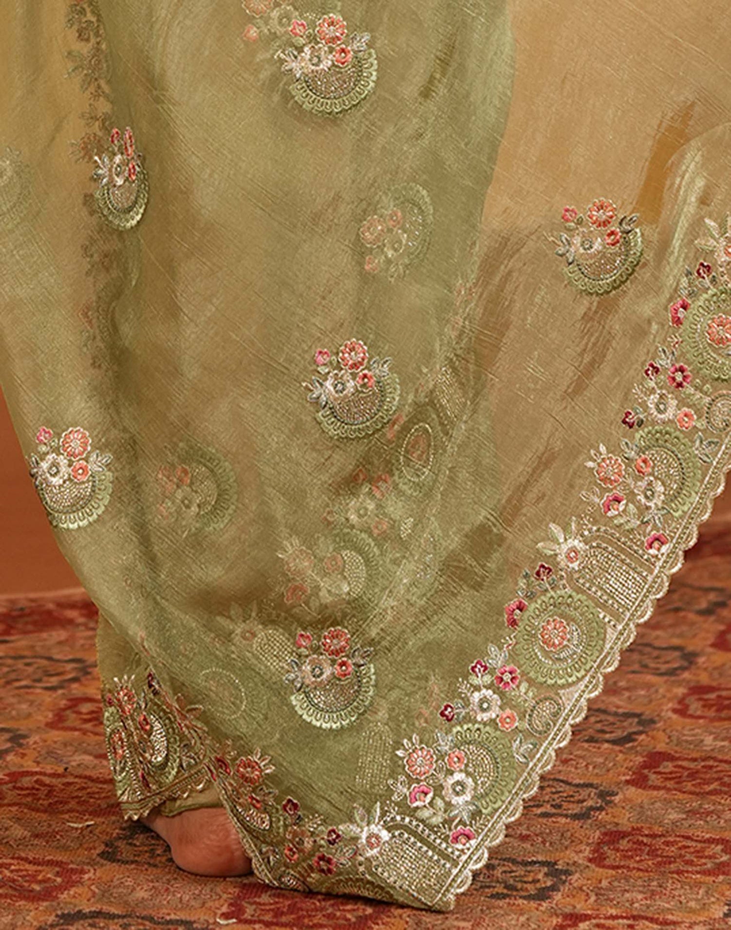 Pista Green Crush Tissue Stone Work Embroidery Saree