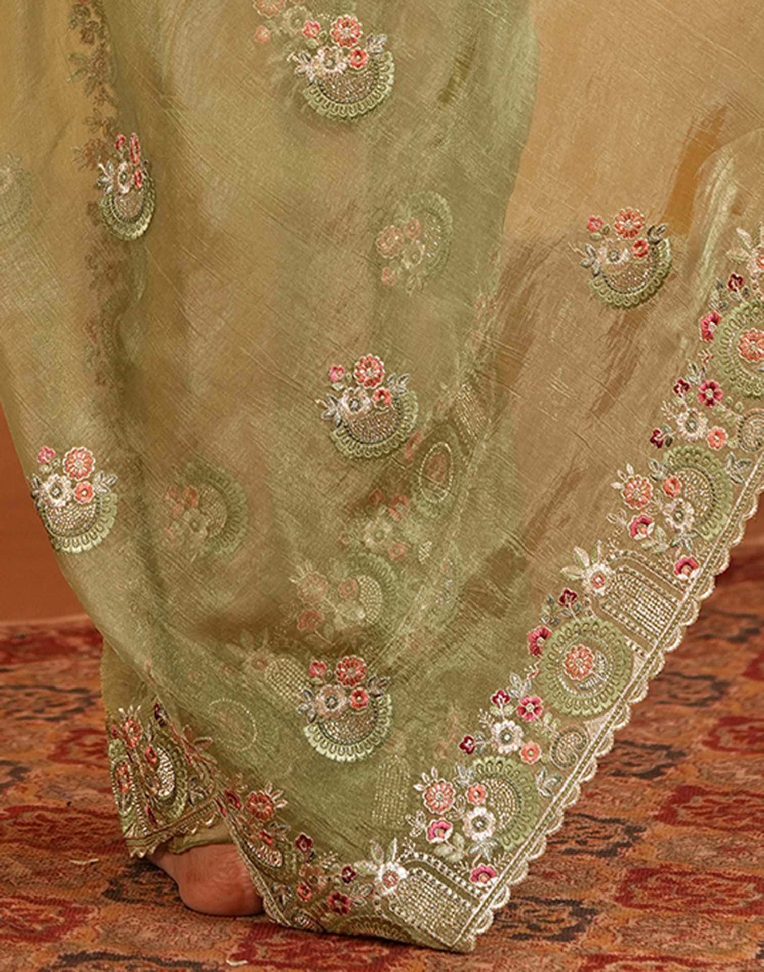 Pista Green Crush Tissue Stone Work Embroidery Saree