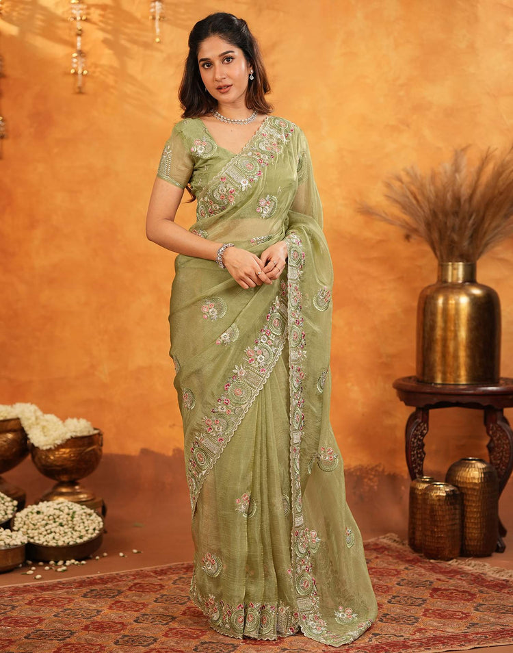 Pista Green Crush Tissue Stone Work Embroidery Saree
