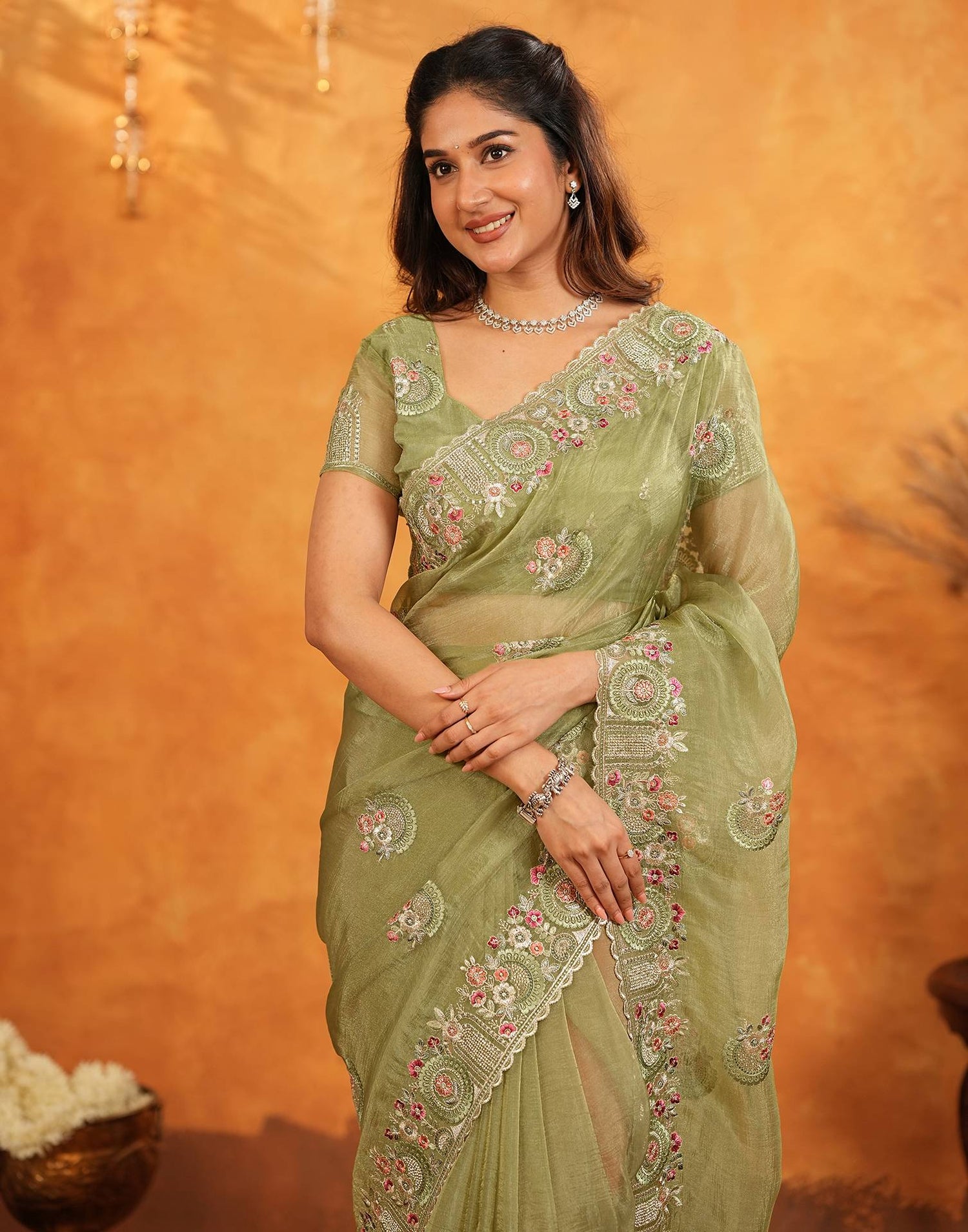 Pista Green Crush Tissue Stone Work Embroidery Saree