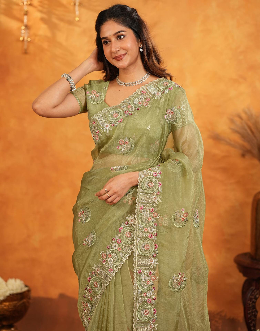 Pista Green Crush Tissue Stone Work Embroidery Saree