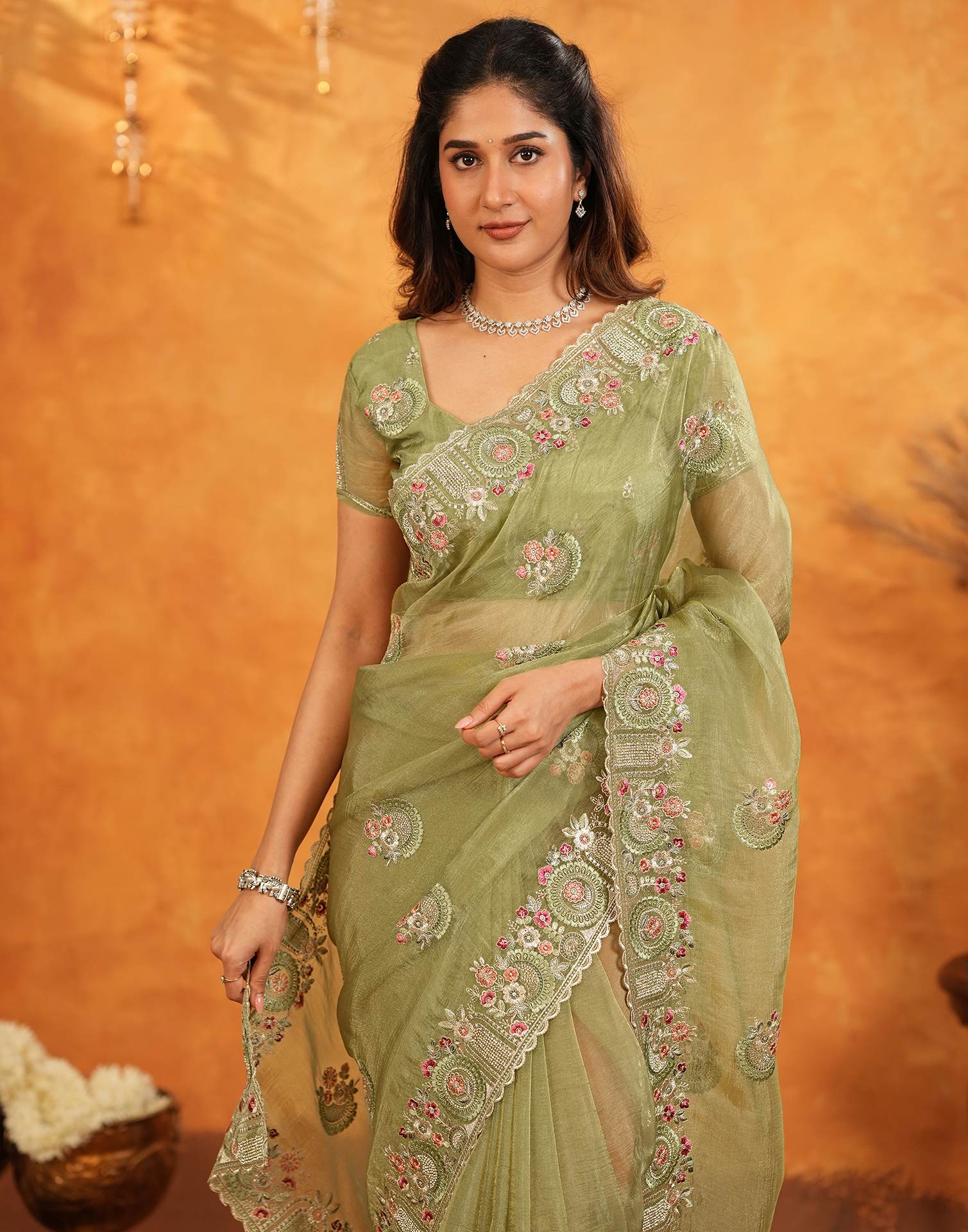 Pista Green Crush Tissue Stone Work Embroidery Saree