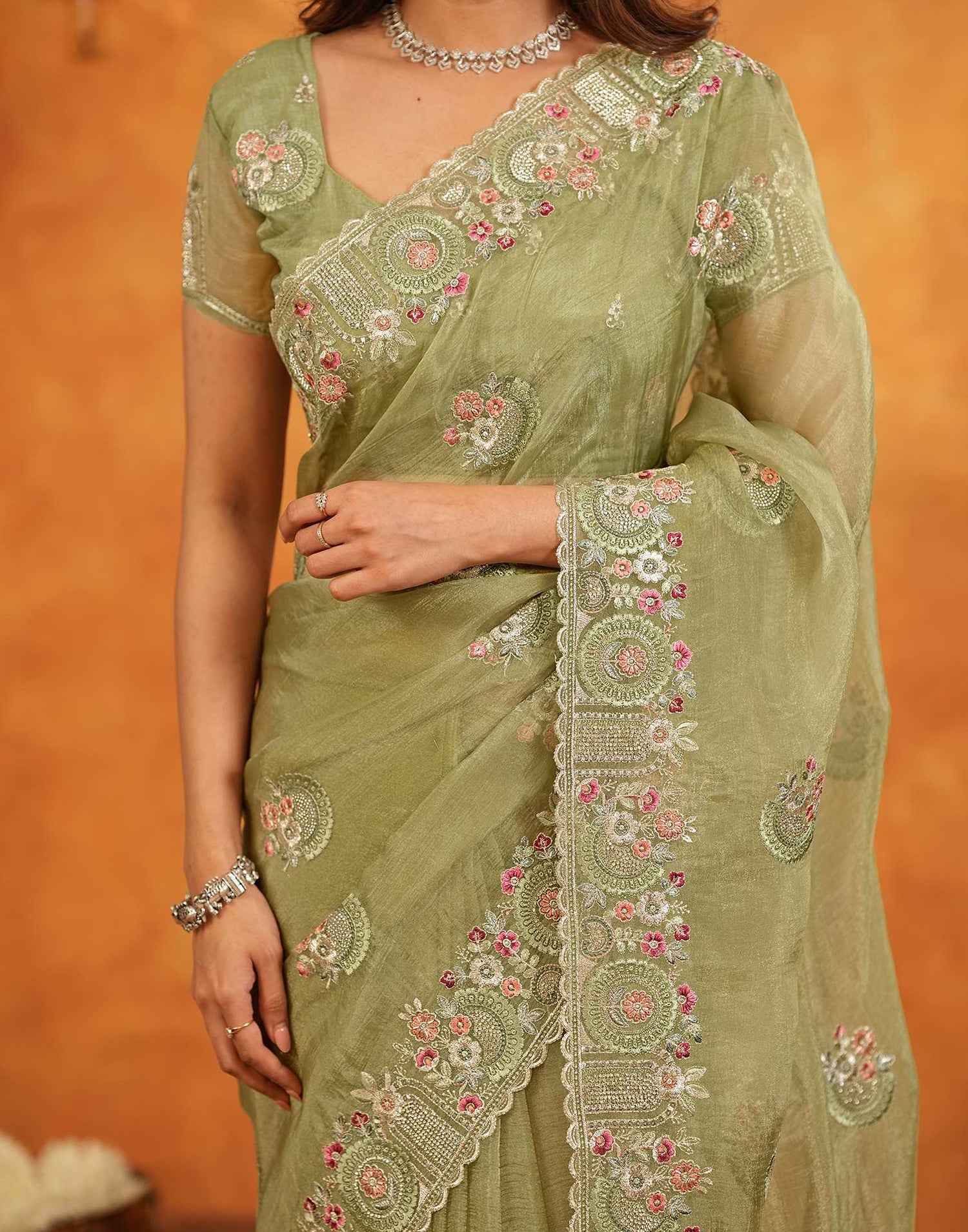 Pista Green Crush Tissue Stone Work Embroidery Saree