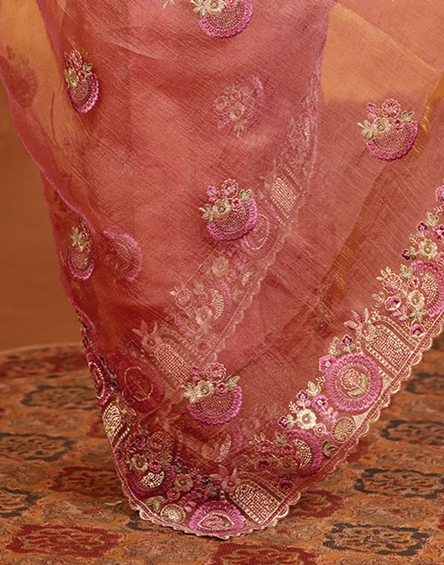 Peach Crush Tissue Stone Work Embroidery Saree