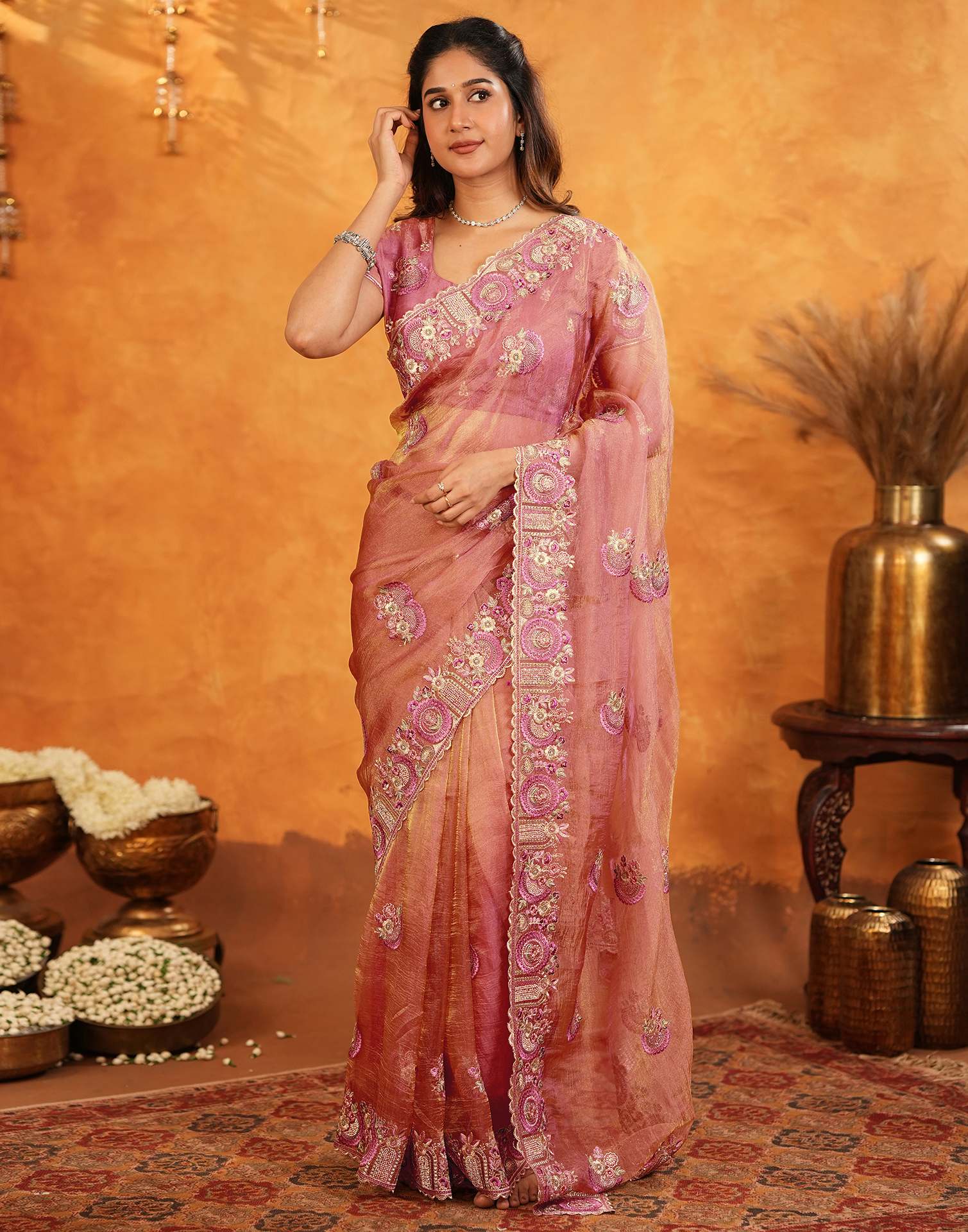 Peach Crush Tissue Stone Work Embroidery Saree