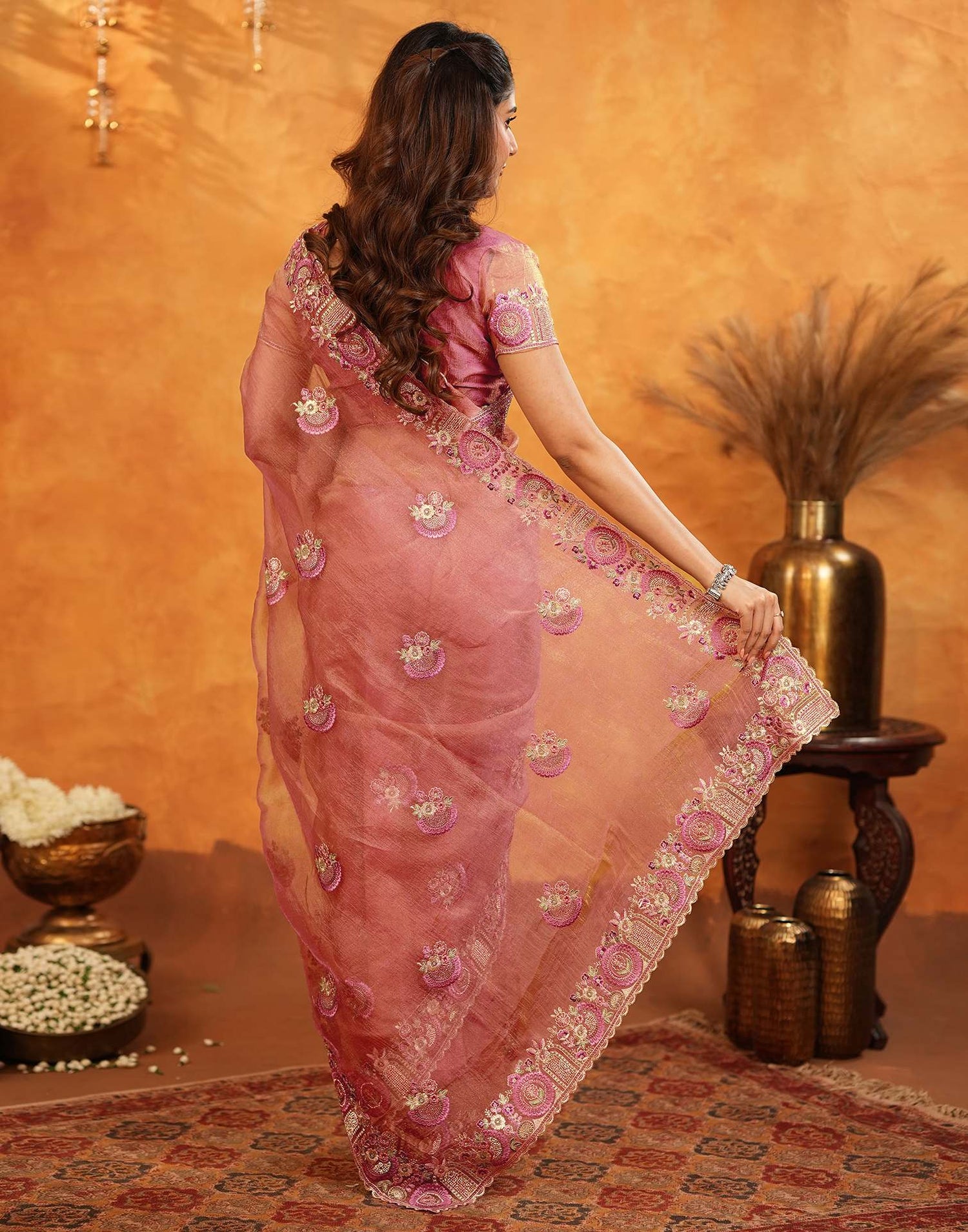 Peach Crush Tissue Stone Work Embroidery Saree