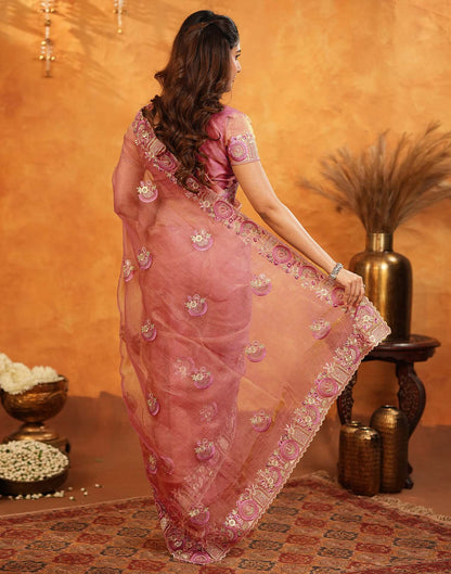 Peach Crush Tissue Stone Work Embroidery Saree