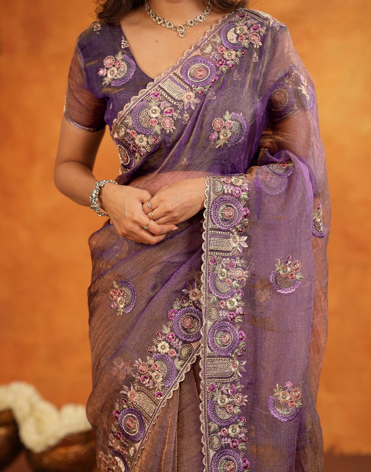Purple Crush Tissue Stone Work Embroidery Saree