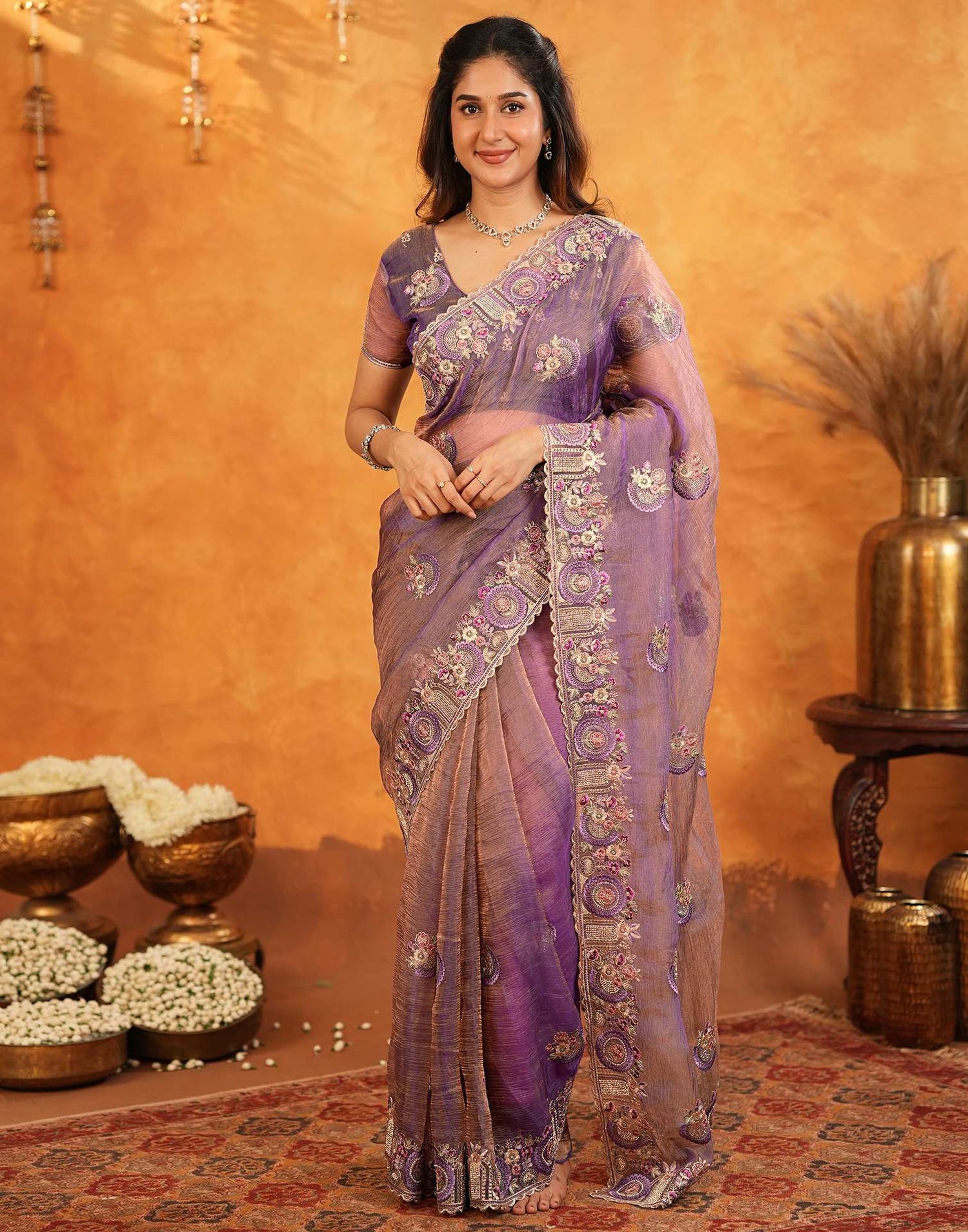 Purple Crush Tissue Stone Work Embroidery Saree