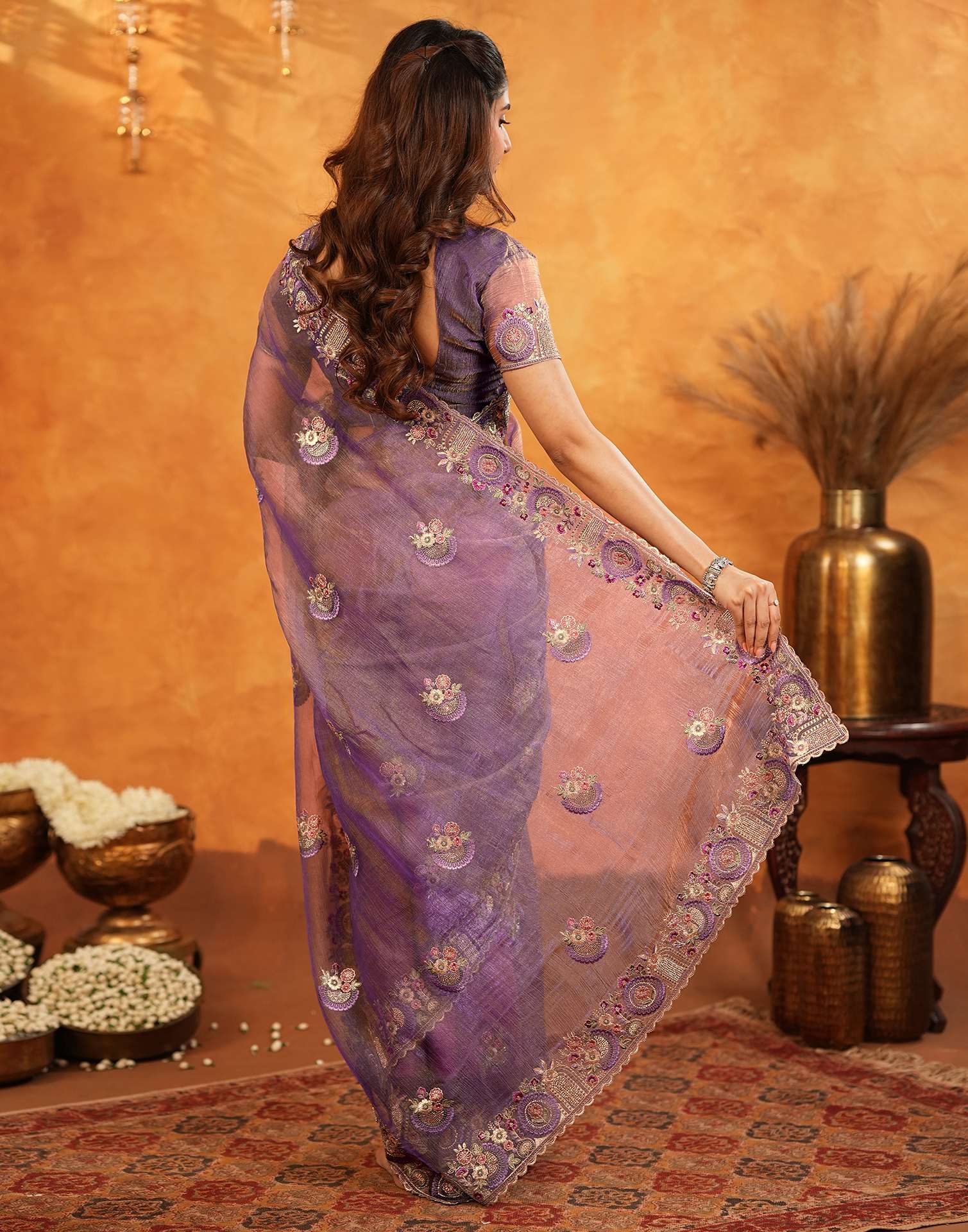 Purple Crush Tissue Stone Work Embroidery Saree