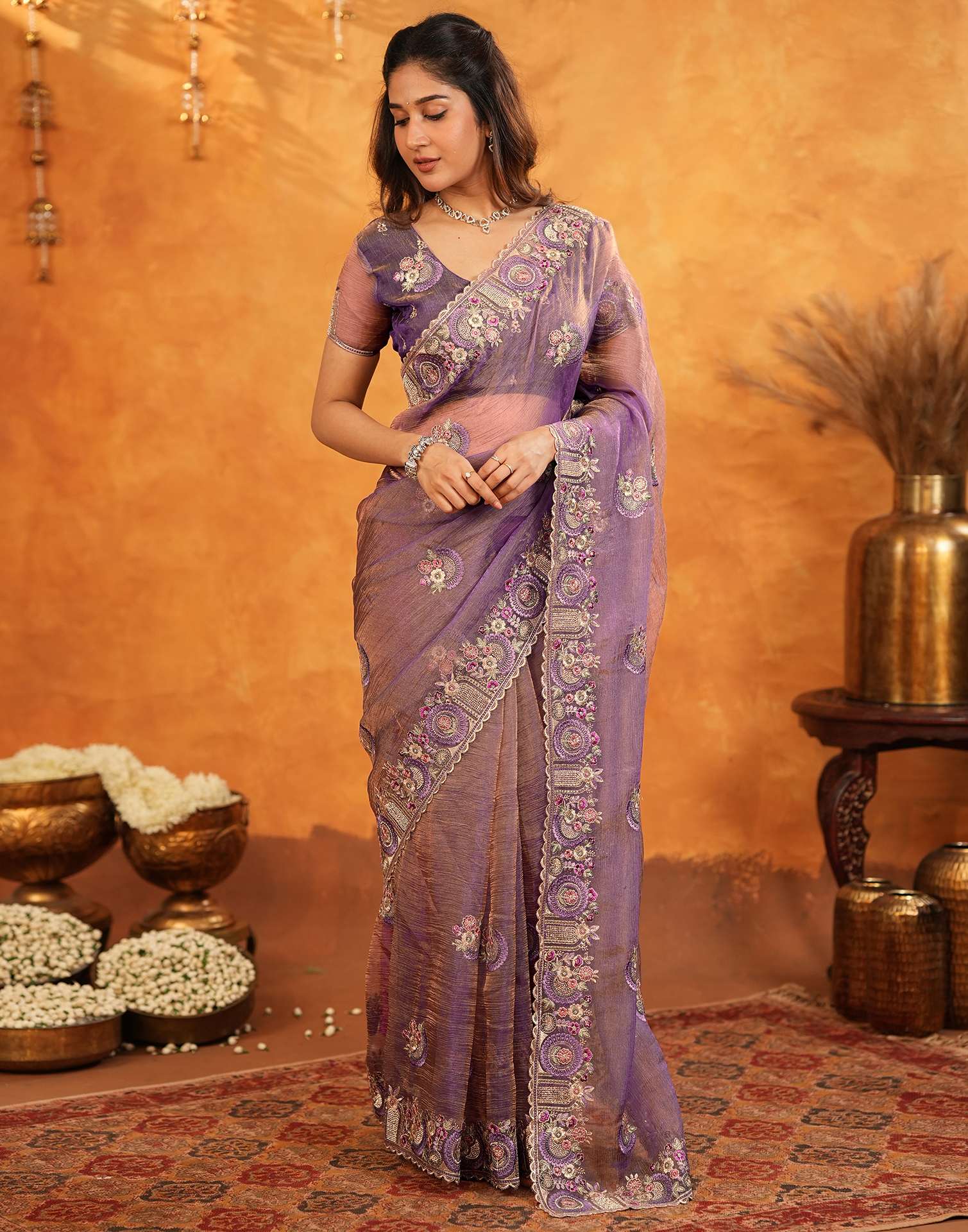 Purple Crush Tissue Stone Work Embroidery Saree