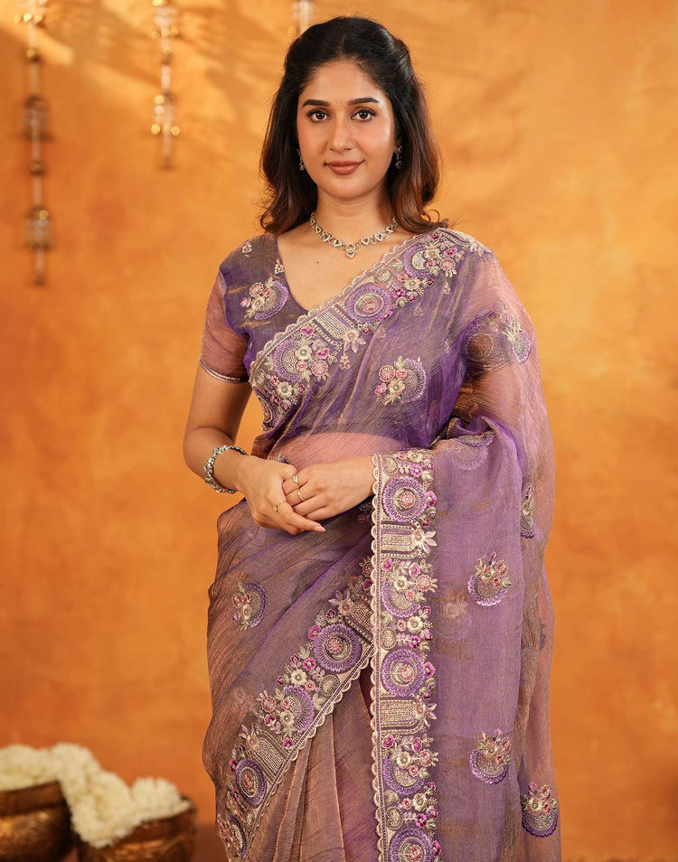 Purple Crush Tissue Stone Work Embroidery Saree
