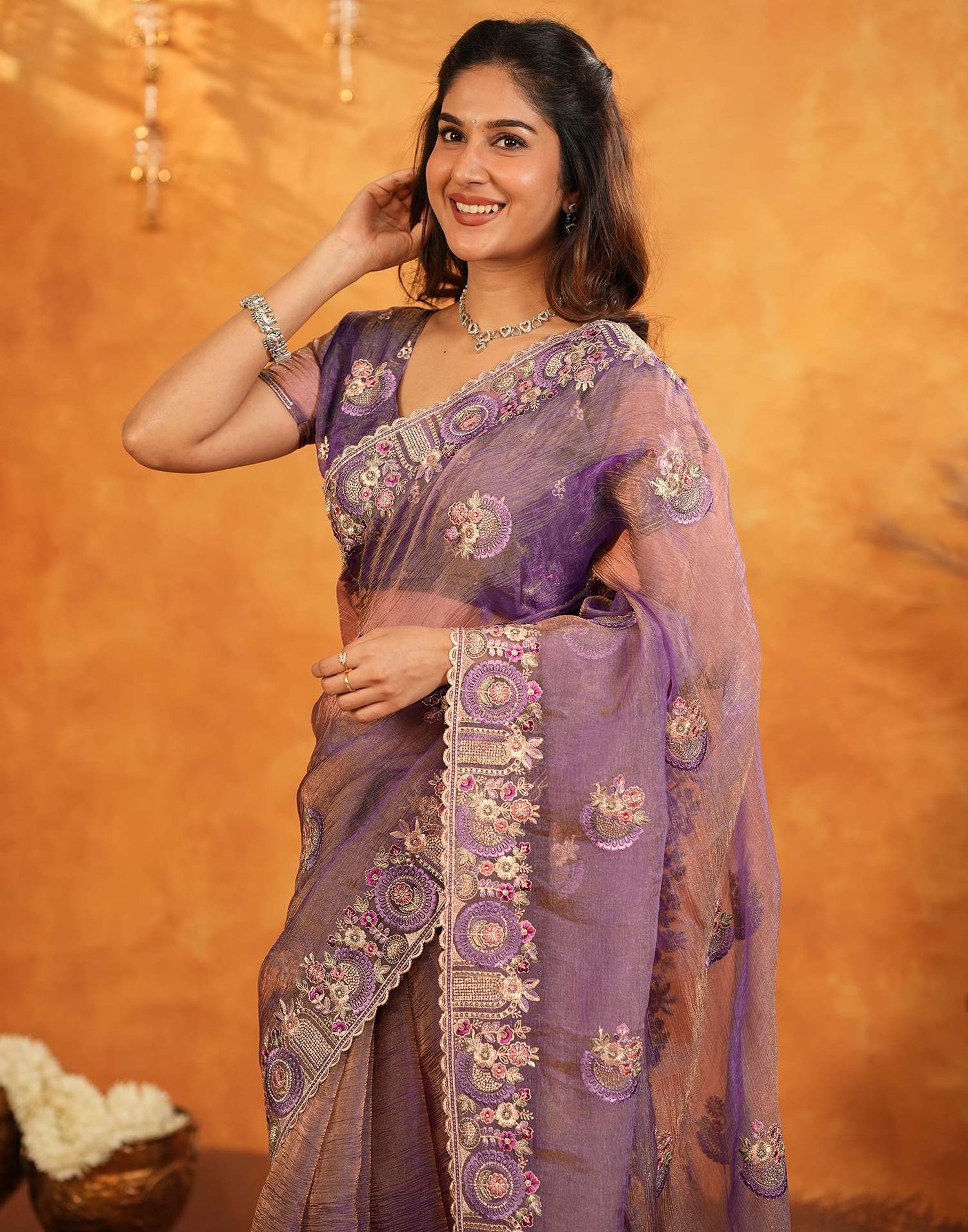 Purple Crush Tissue Stone Work Embroidery Saree