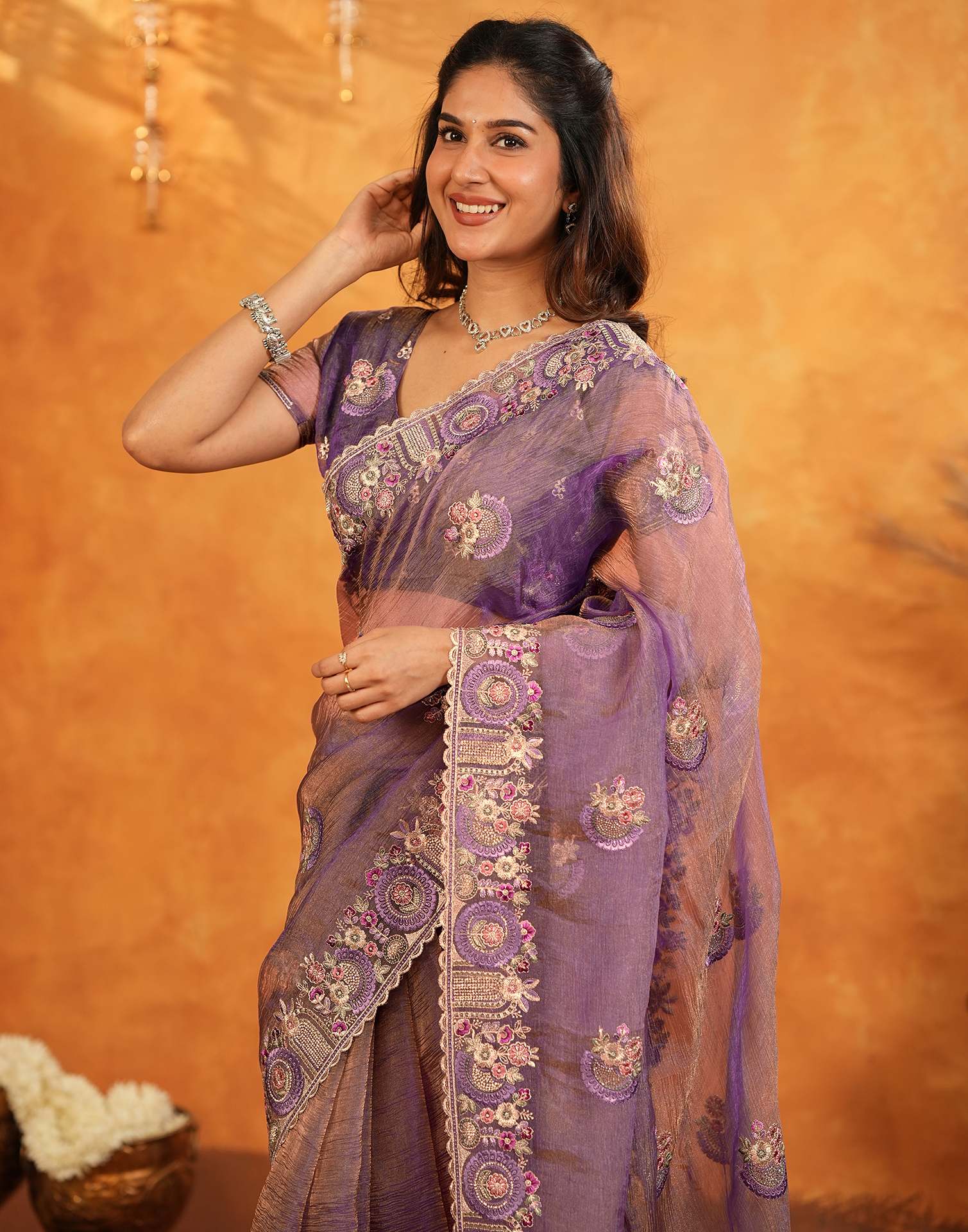 Purple Crush Tissue Stone Work Embroidery Saree