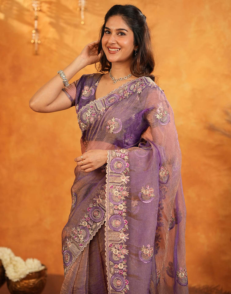 Purple Crush Tissue Stone Work Embroidery Saree
