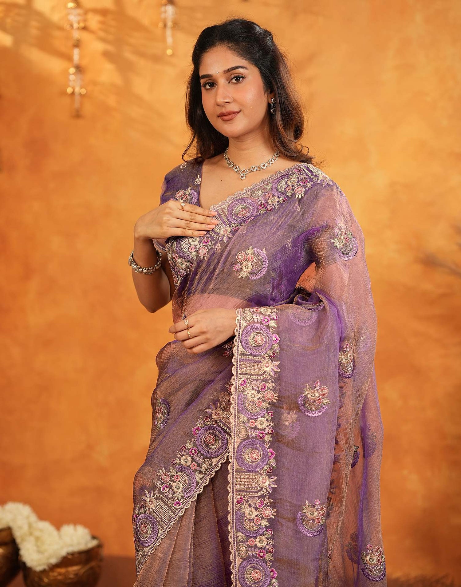 Purple Crush Tissue Stone Work Embroidery Saree