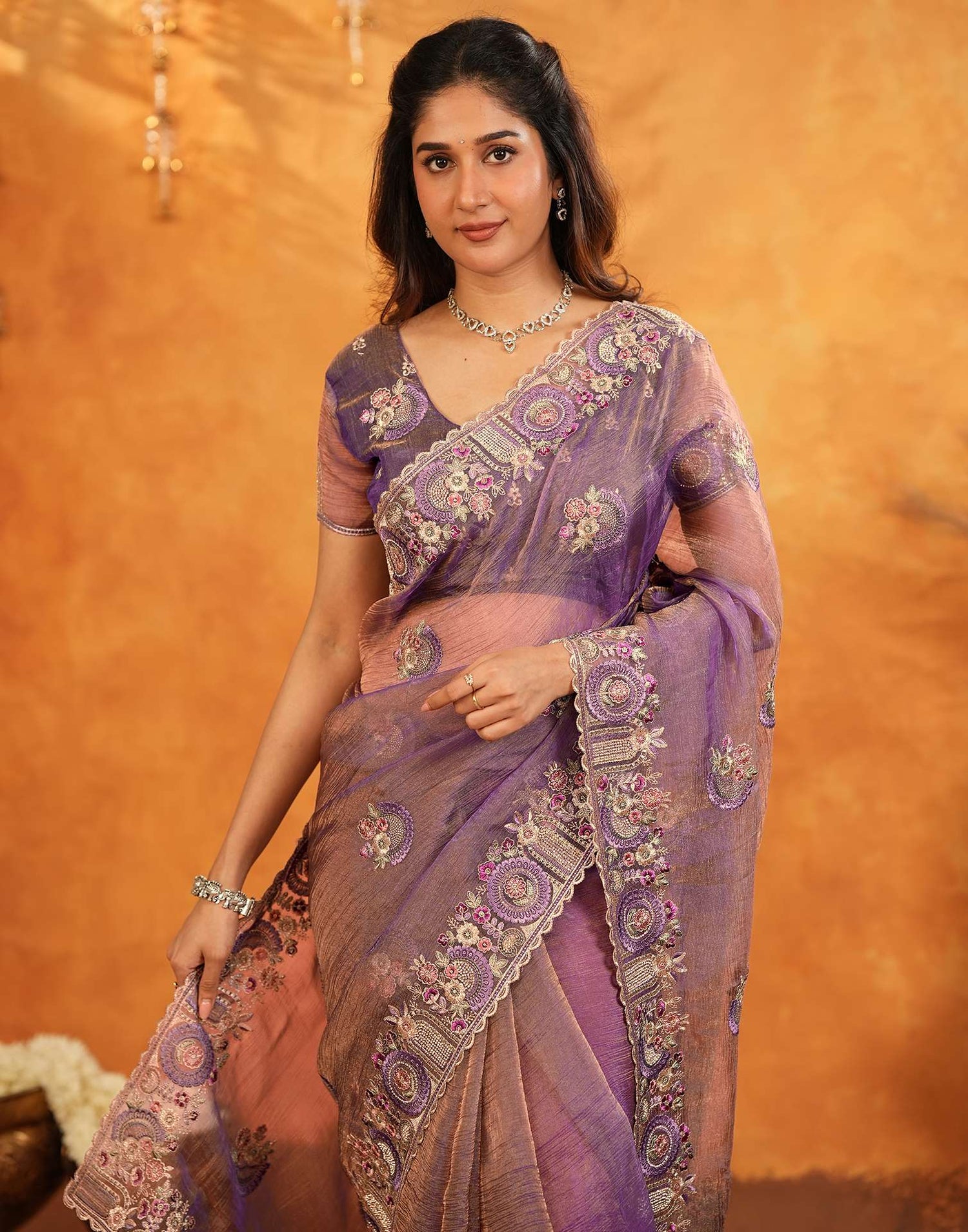 Purple Crush Tissue Stone Work Embroidery Saree