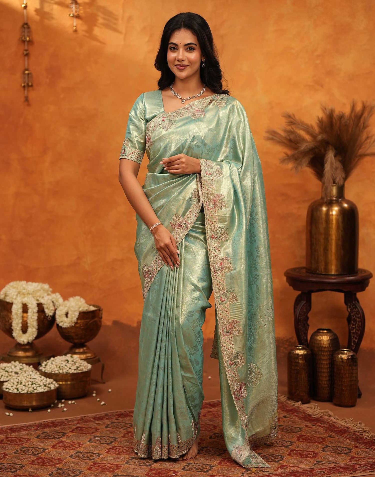Mint Green Silk Woven Embroidery Stone Work Banarasi Saree