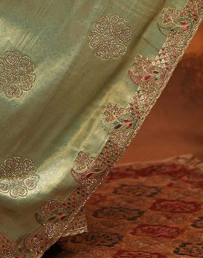 Mint Green Silk Woven Embroidery Stone Work Banarasi Saree
