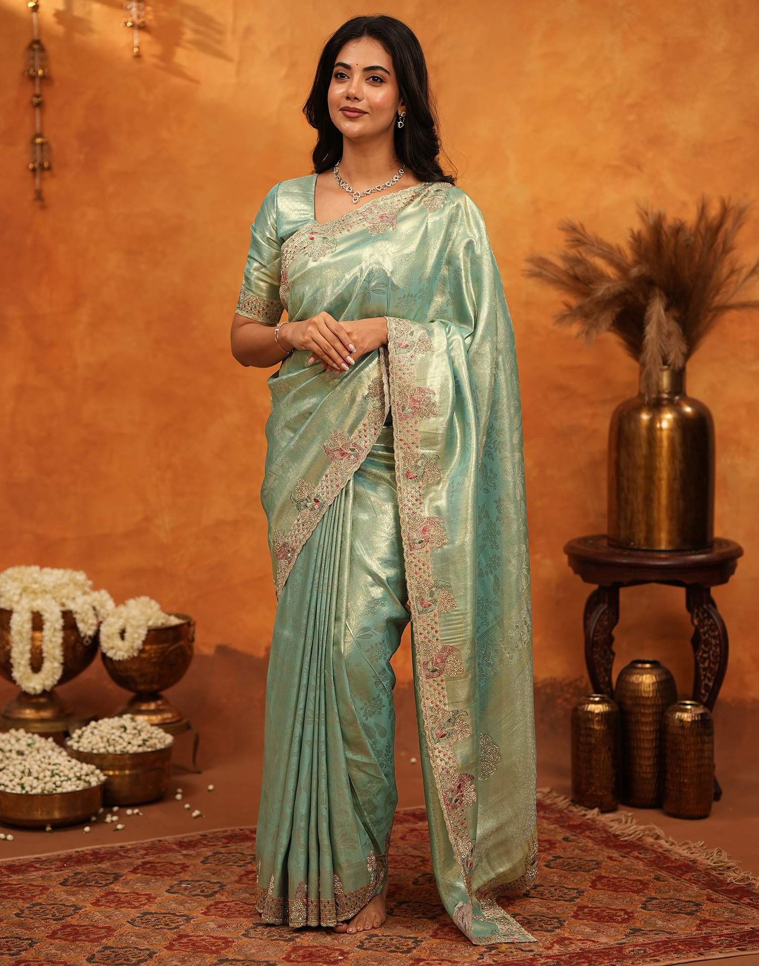 Mint Green Silk Woven Embroidery Stone Work Banarasi Saree