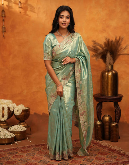 Mint Green Silk Woven Embroidery Stone Work Banarasi Saree