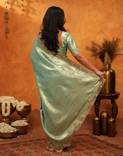 Mint Green Silk Woven Embroidery Stone Work Banarasi Saree